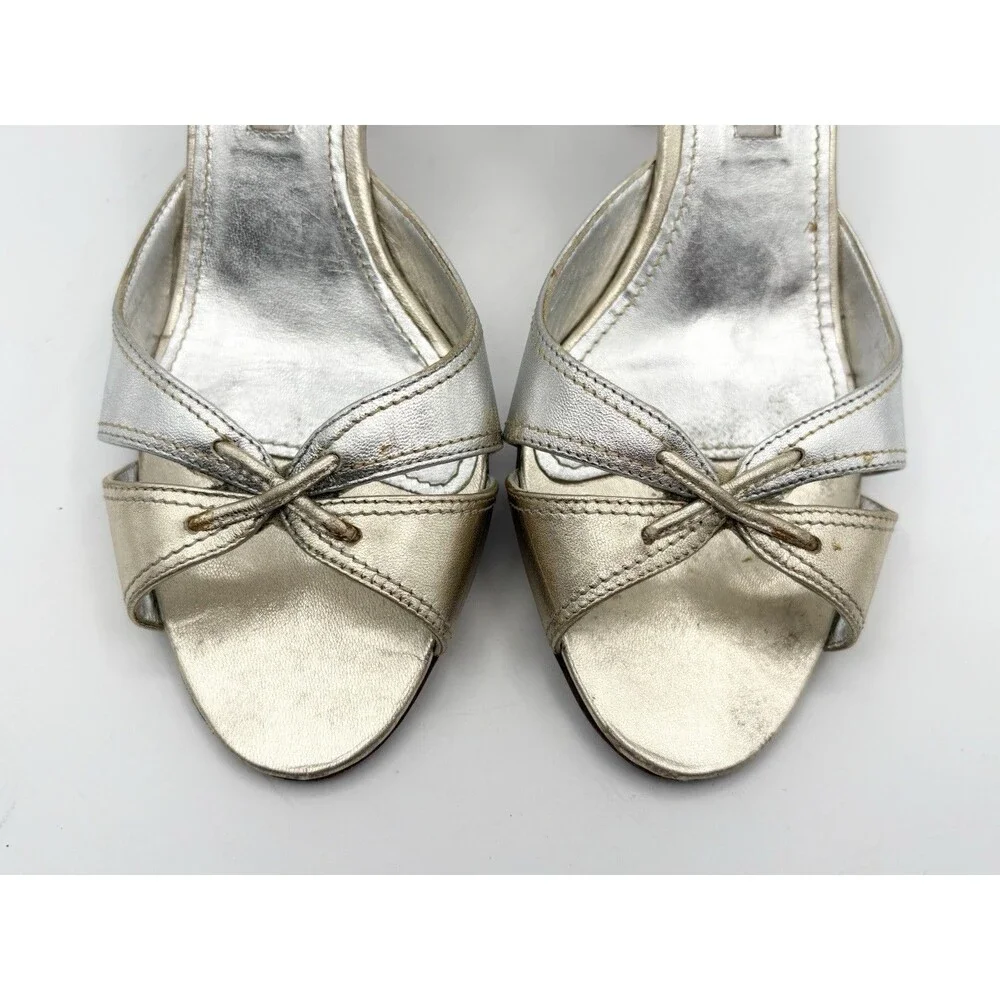 Manolo Blahnik Silver & Gold Metallic Kitten Heel Mules Vintage Size EU 35.5
